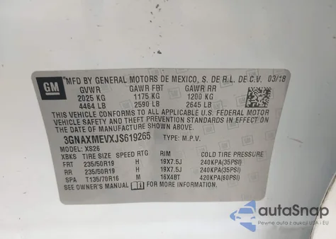 2018 Chevrolet Equinox Premier из США, поврежденный, VIN 3GNAXMEVXJS619265